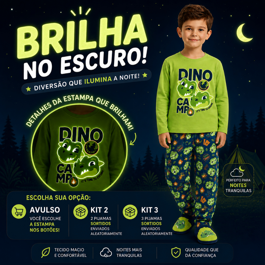 Pijama Infantil Menino Brilha No Escuro Manga Longa Avulso/ Kit 2 Kit/ 3 Sortido