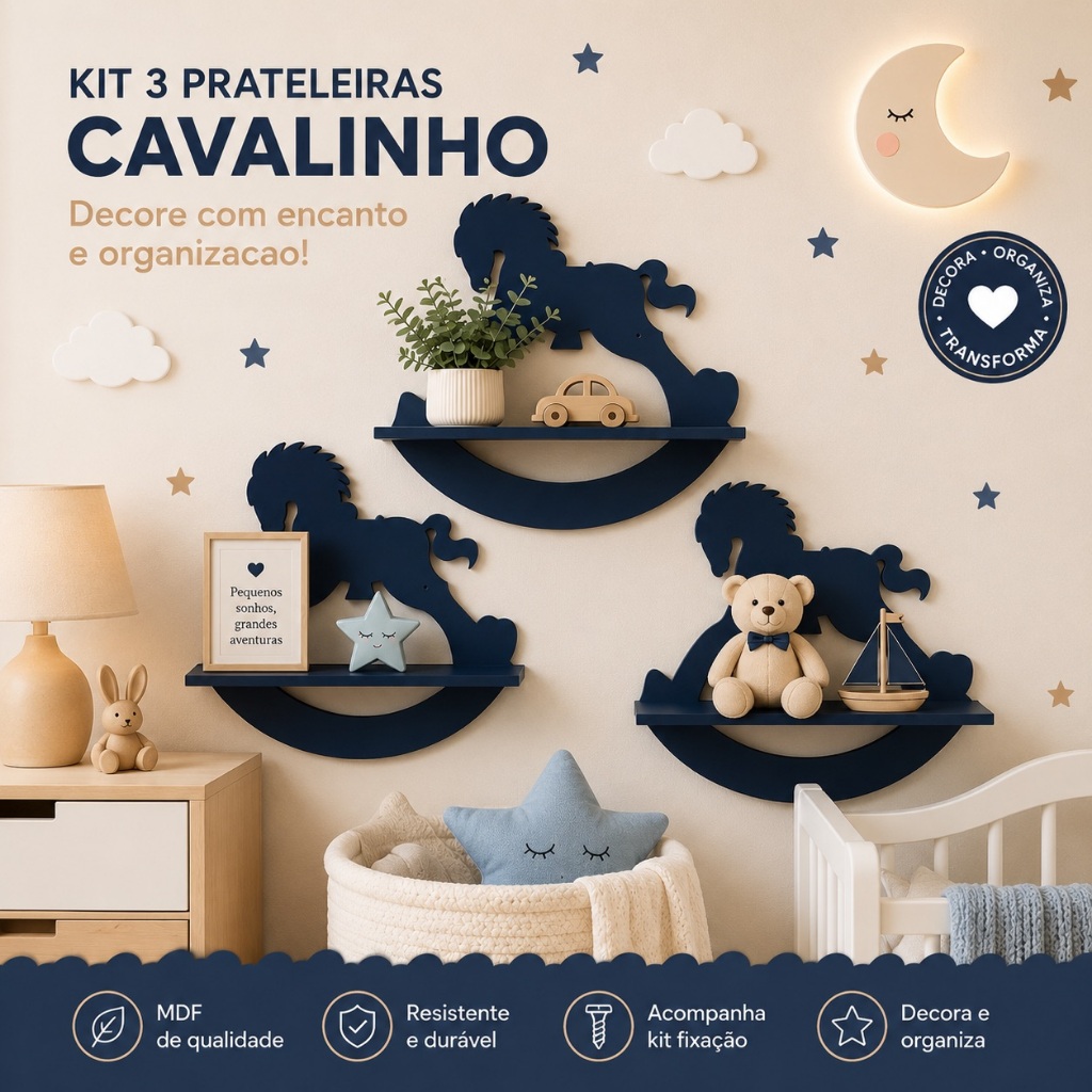 Kit 3 Prateleiras Cavalinho MDF Decoração Quarto Infantil Bebê Nicho Parede Quarto Menino Menina