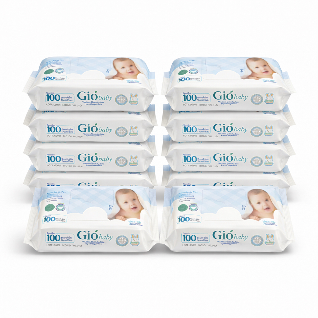 Kit 10 Pacotes de Toalhas Umedecidas Gió Baby 100 Folhas 98% Água Lenço Umedecido