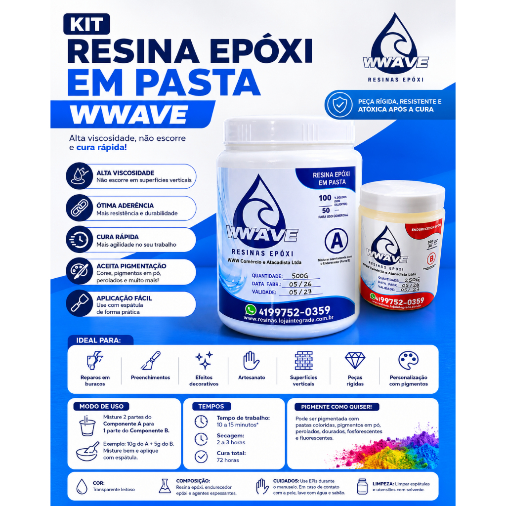 Kit Resina Epóxi em Pasta Wwave Alta Viscosidade 500g + 250g Cura Rápida Para Reparos e Artesanato