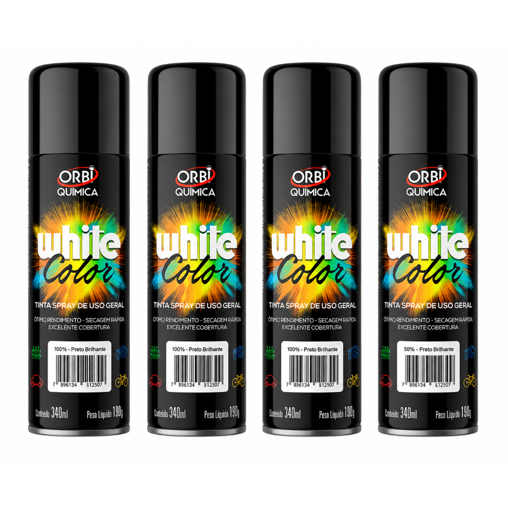 4 Tinta Spray Preto Brilhante Fosco Branco Azul Grafite Verde Prata Bronze Laranja 340 ml