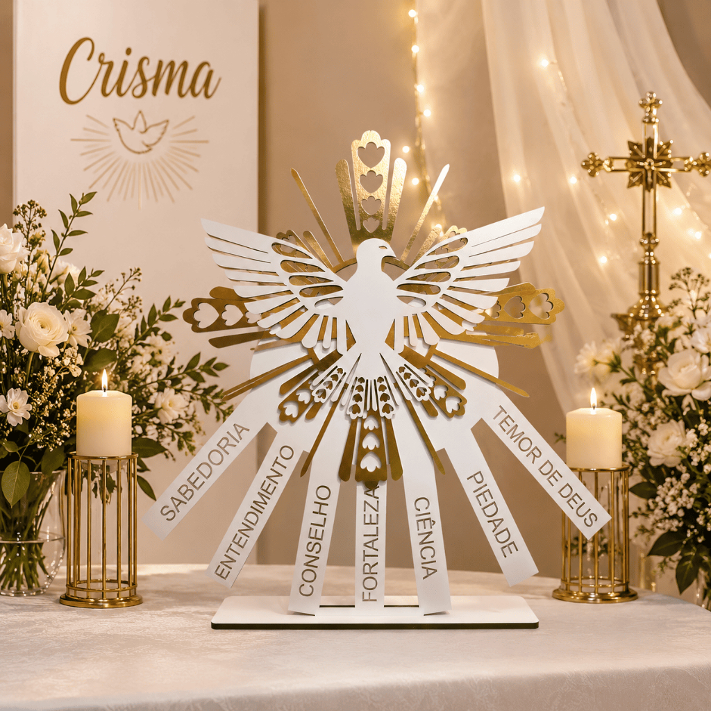 Enfeite Crisma GRANDE 60cm Batizado Eucaristia Divino Espírito Santo Catequese 7 Dons Divino Comunhão Decoracao
