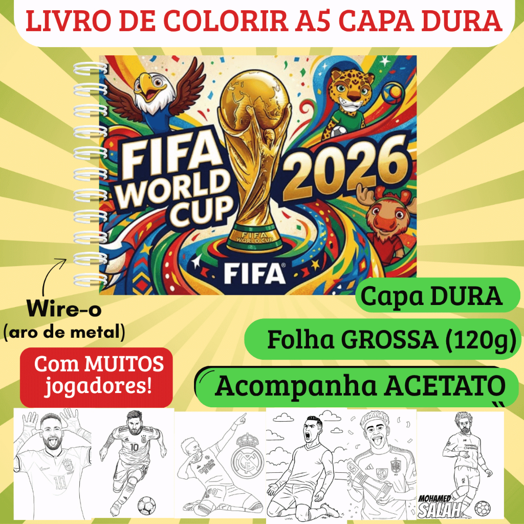 Livro de Colorir Copa do Mundo 2026 Futebol Jogadores Mascote (Capa Dura, Folha Grossa, Acetato) Álbum Figurinha Copa