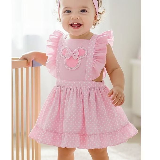 Jardineira Minnie rosa romper temático Minnie vestido infantil Minnie rosa fantasia minnie