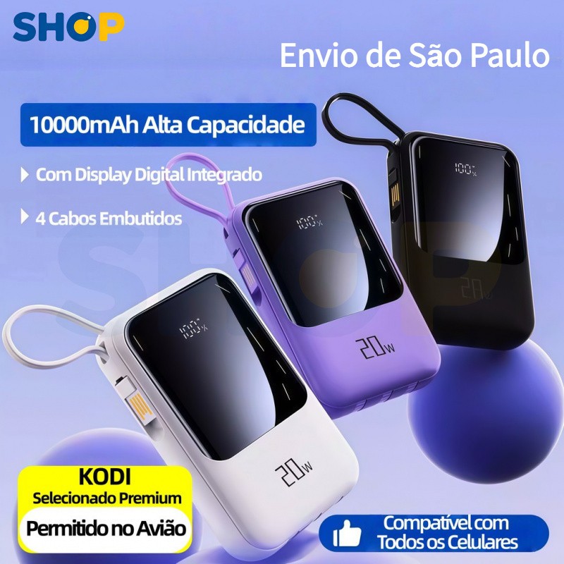 Power Bank Mini com Cabo Integrado, Carregamento Rápido 20W, Alta Capacidade - A6