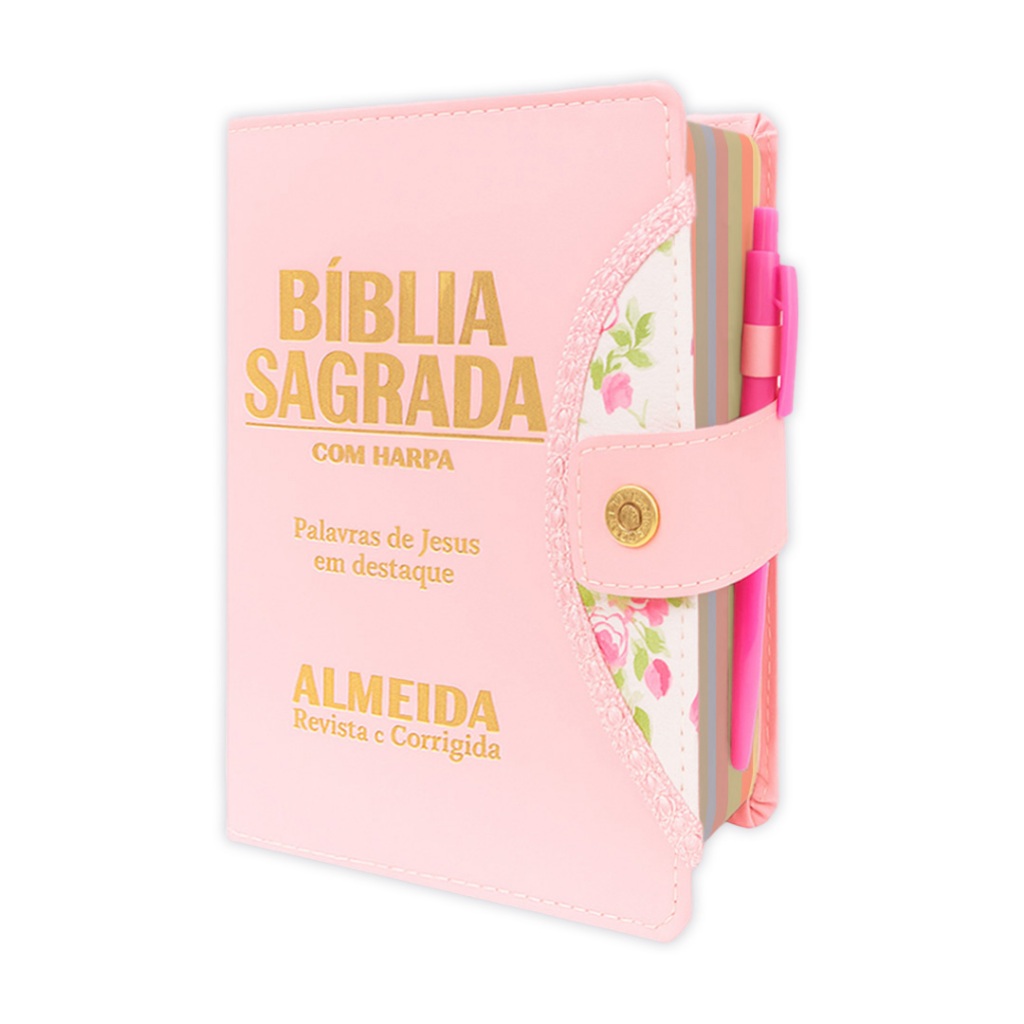 Bíblia Sagrada Letra Grande - Rosa - Botão e Caneta Revista e Corrigida - Com Harpa