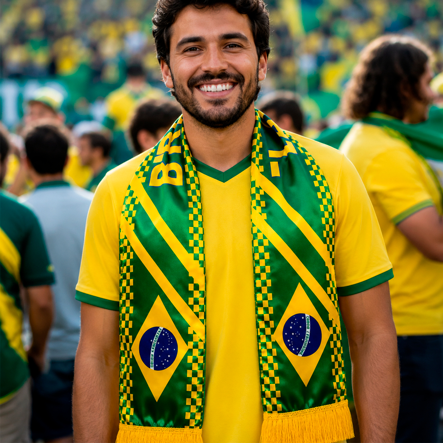 Cachecol Com Franja Faixa Brasil Torcida Verde E Amarelo Jogos Eventos Copa Do Mundo Tecido Poliéster