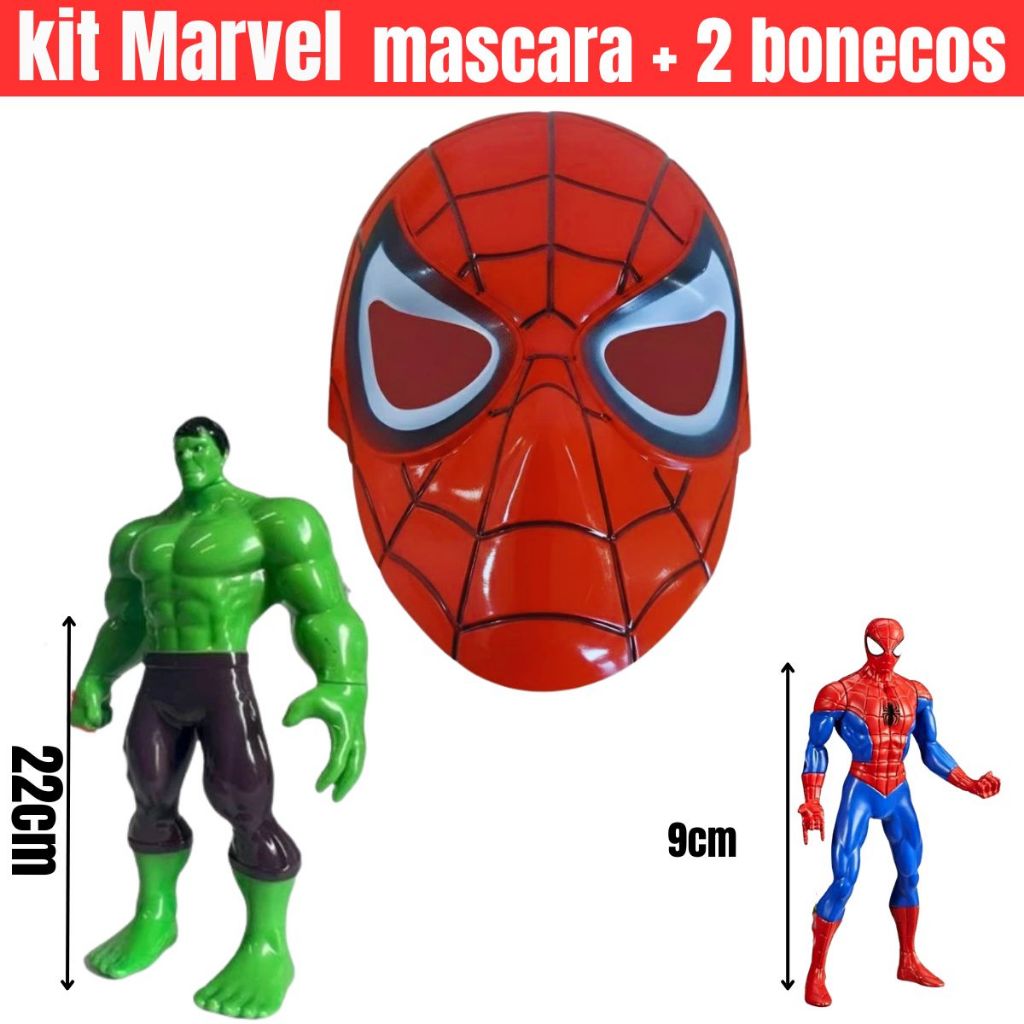 Kit Marvel Mascara + Boneco 22cm + Boneco 9cm Homem Aranha Hulk Wolverine