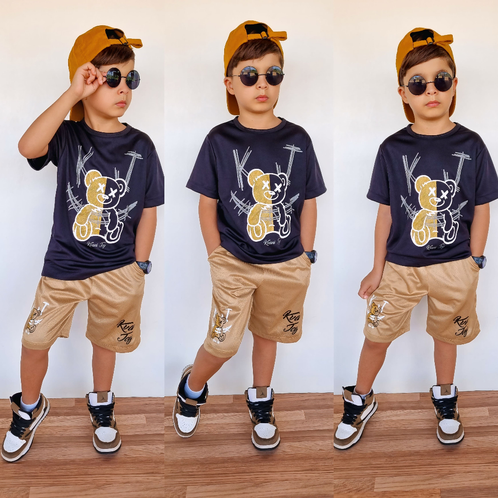Conjunto Masculino infantil Bermuda + Camisa Lançamento de Verão Conjunto para meninos de 2/12 anos