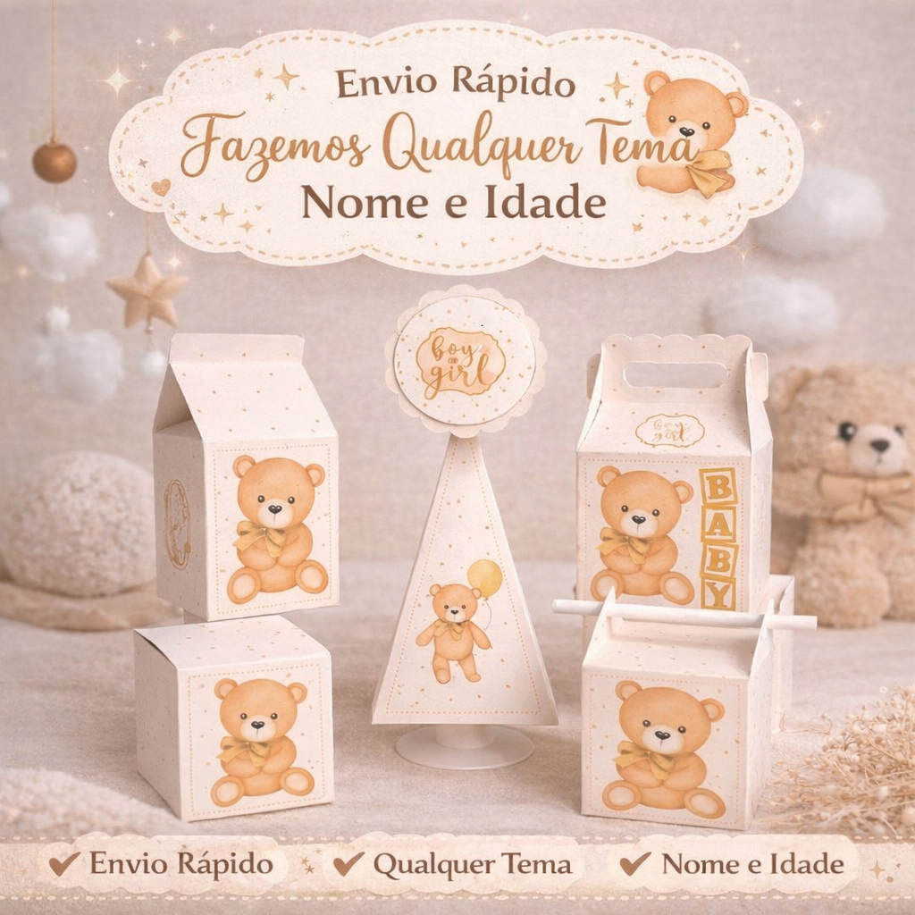 Kit Festa Ursinho Chá Revelação com nome | Caixinhas Personalizadas | Chá Revelação | Ursinho