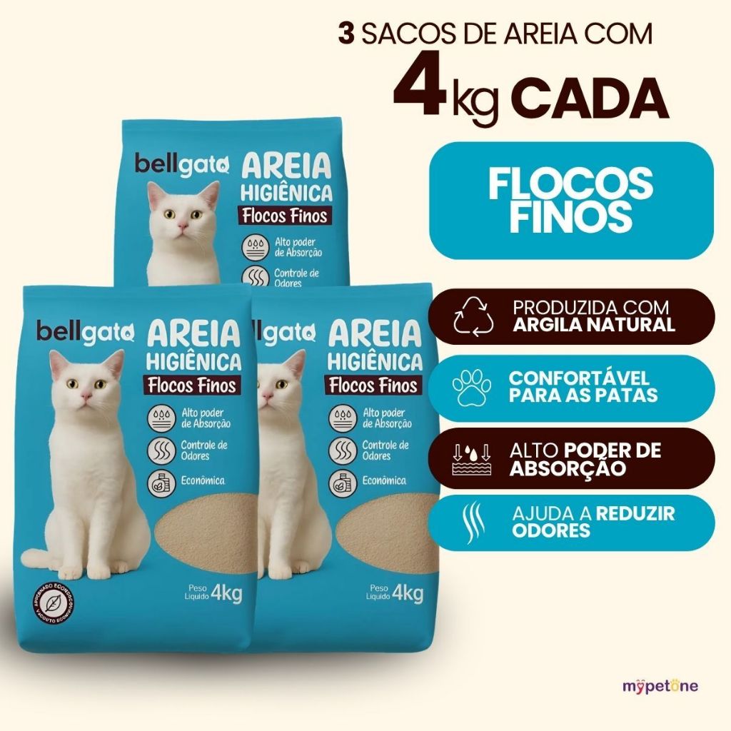 3 Areia Higiênica Bellgato Flocos Finos - 4kg