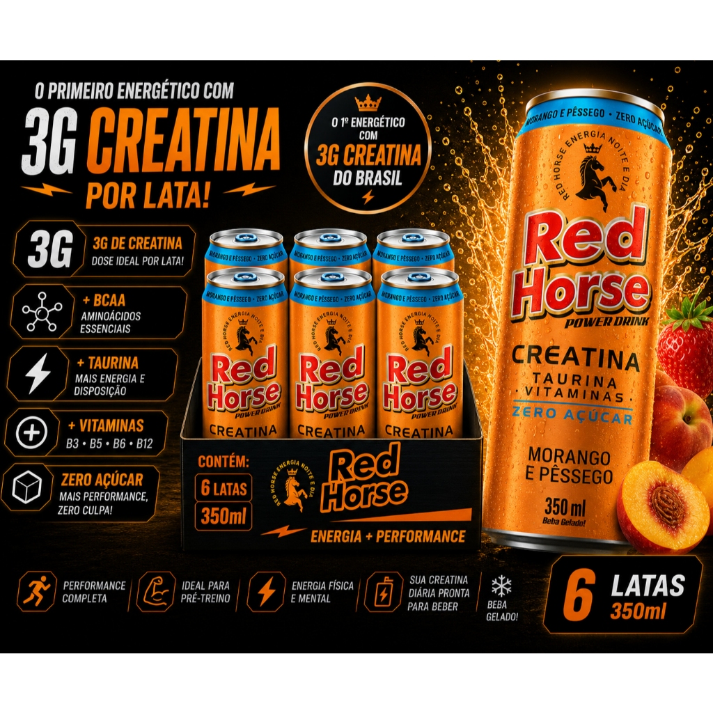Energético Creatina 3G Red Horse Morango e Pessêgo Zero Açúcar