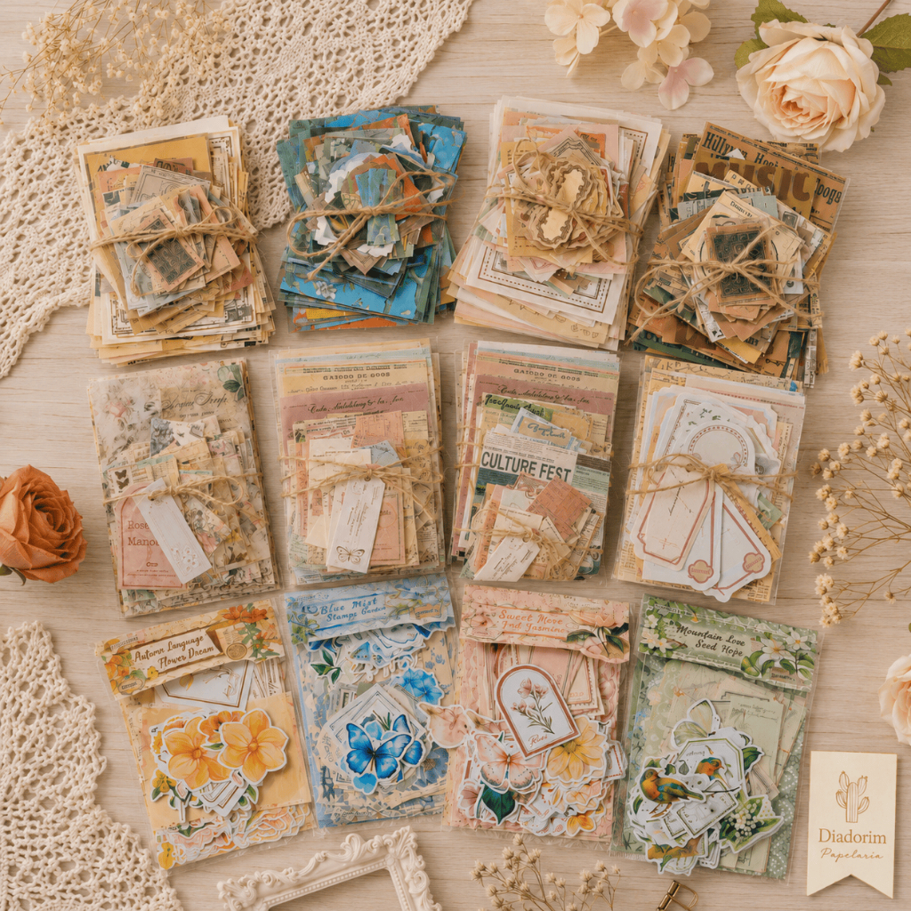 Conjunto de Papéis e Recortes para Journaling 100 Peças Scrapbook | "Flowers in the window"