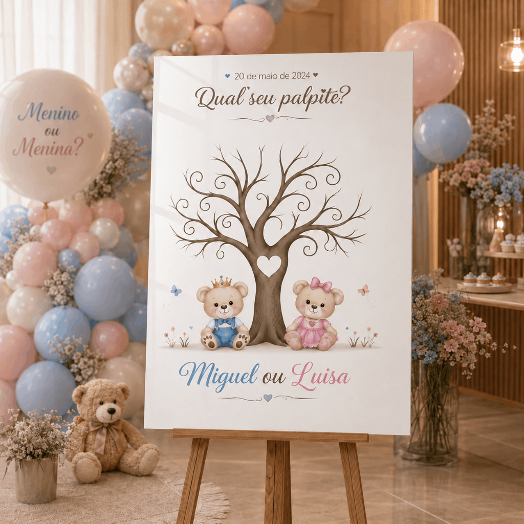 Quadro Chá Revelação Árvore de Palpites Menino ou Menina Ursinhos Decoração Festa Bebê MDF