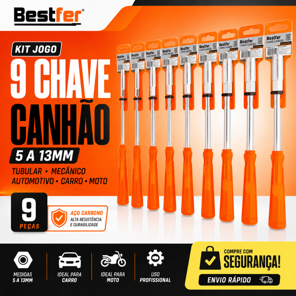 Kit Jogo 9 Chave Canhão 5 A 13mm Tubular Mecânico Automotivo Carro Moto Bestfer