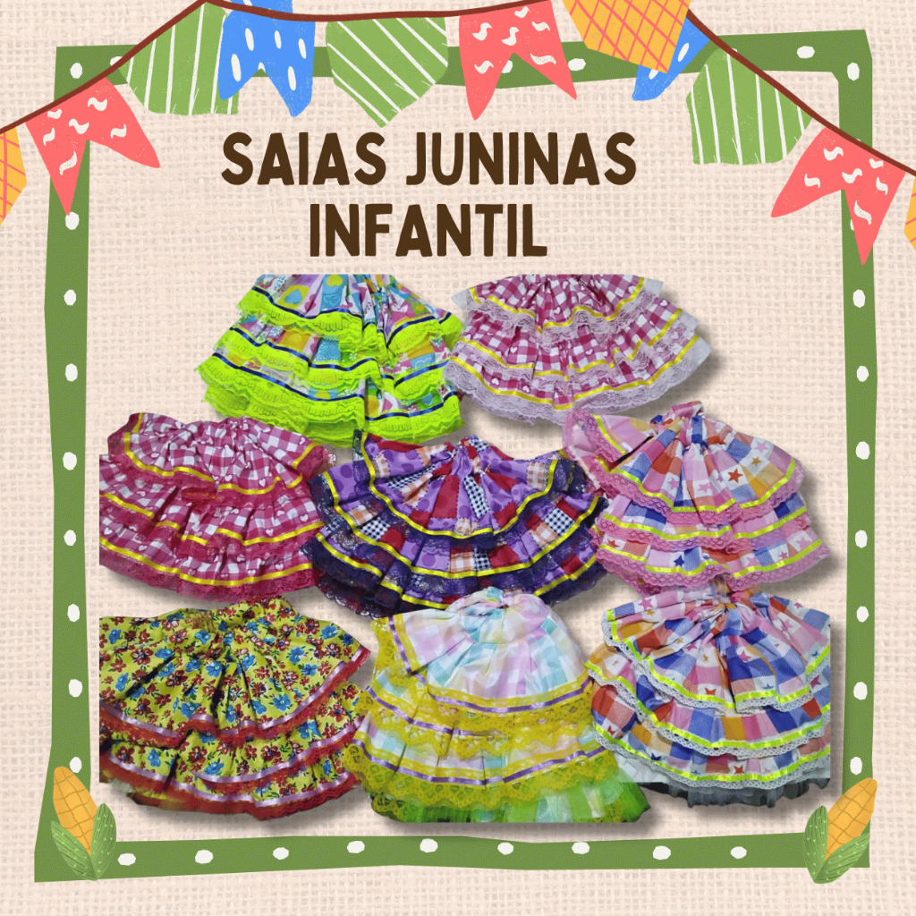 Saia Junina Infantil Sortida Festa Junina Caipira Quadrilha Arraiá São João Menina Xadrez Rodada