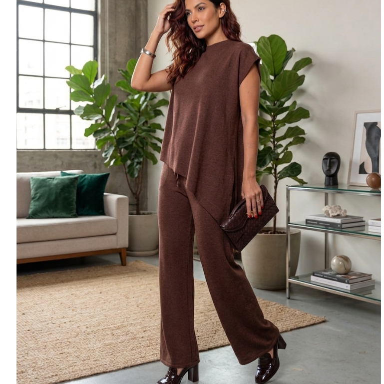 Conjunto Assimétrico e Calça Pantalona Feminino Malha Premium Shine Melange Estilo Elegante Canelada