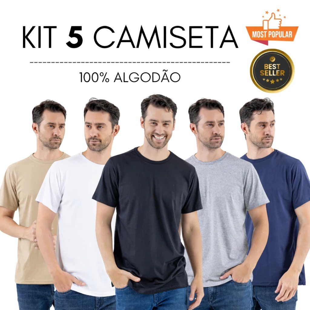 Kit 5 Camiseta Masculina Lisa 100% Algodão Kit 5 Camiseta Masculina Lisa 100% Algodão Kit 5 Camiseta Masculina Lisa 100%