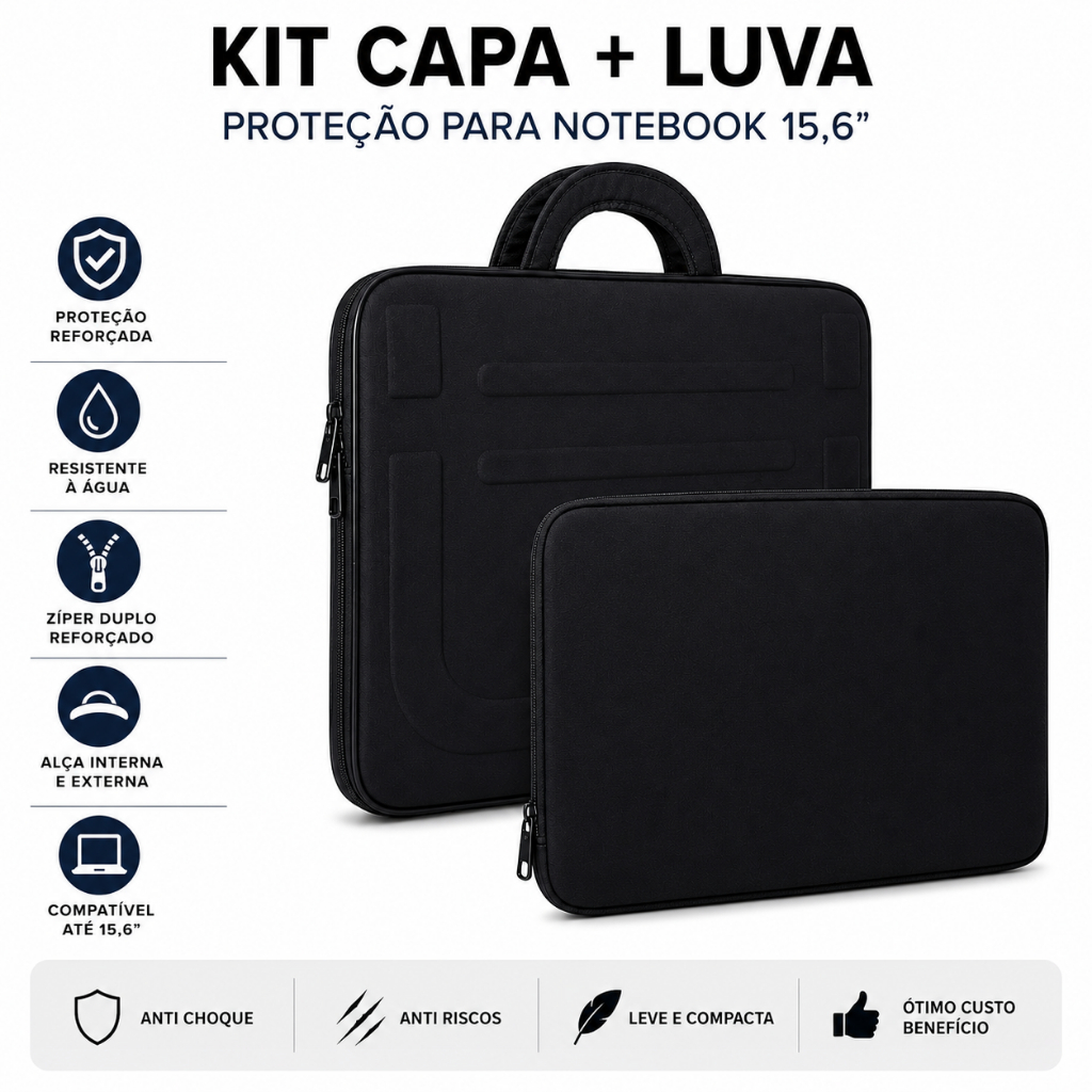 Kit Case Capa Bag + Luva 15,6 Preta Compativel com Dell Asus Lenovo Vaio Multilaser