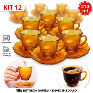 Jogo 12 Peças De 6 Xícaras e 6 Pires de Cha e Cafe Ambar florado Unidades 210ml Desing Moderno