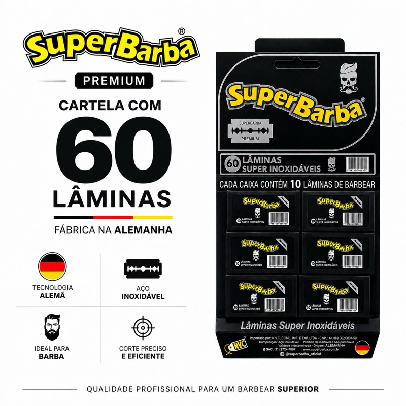 Lâmina De Barbear Super Barba Premium Black Alemã Cartela com 60 Lâminas