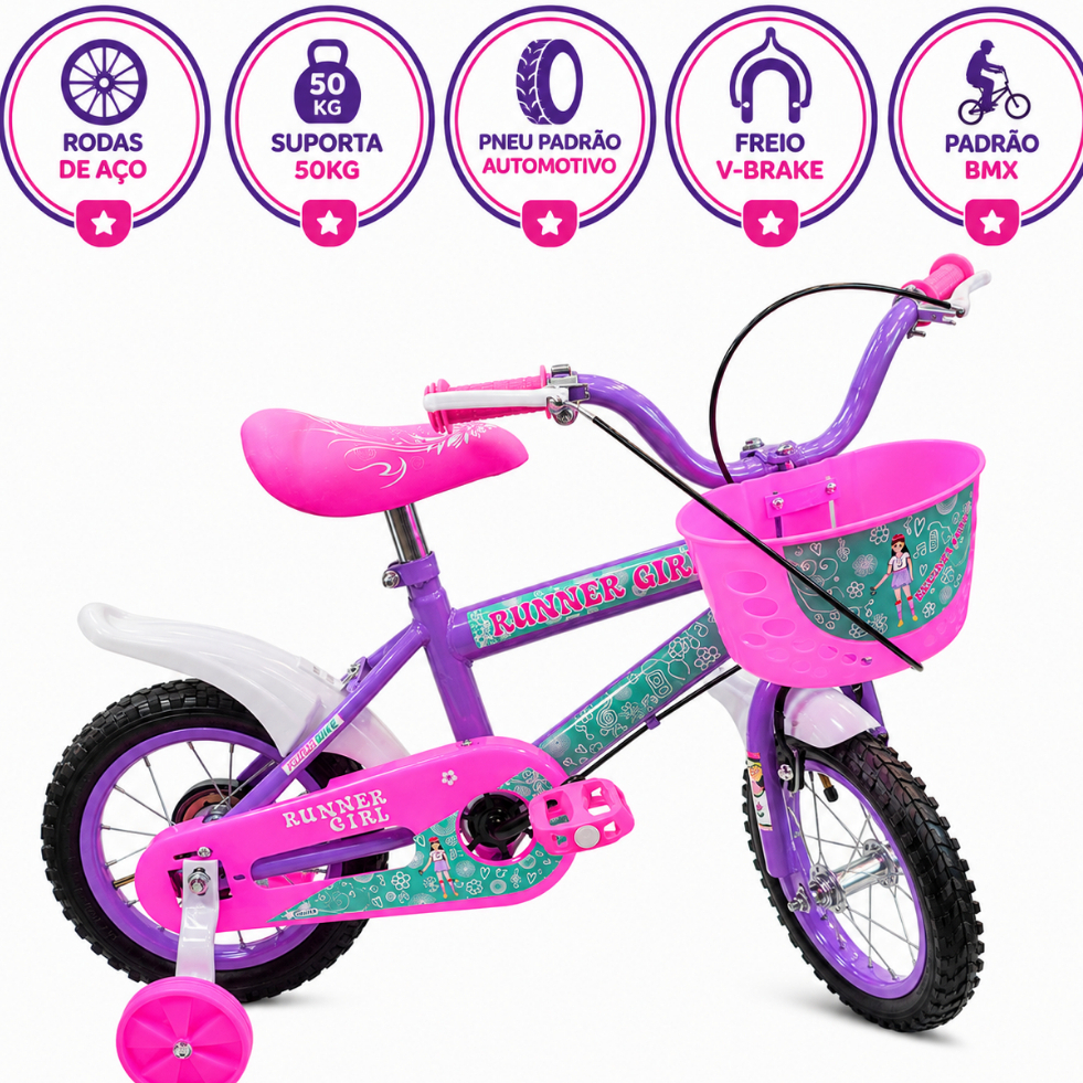 Bicicleta ARO 12 AÇO - Meninas 2 a 7 Anos - Pneu Borracha Automotivo - Freio VBRAKE - Banco Estofado