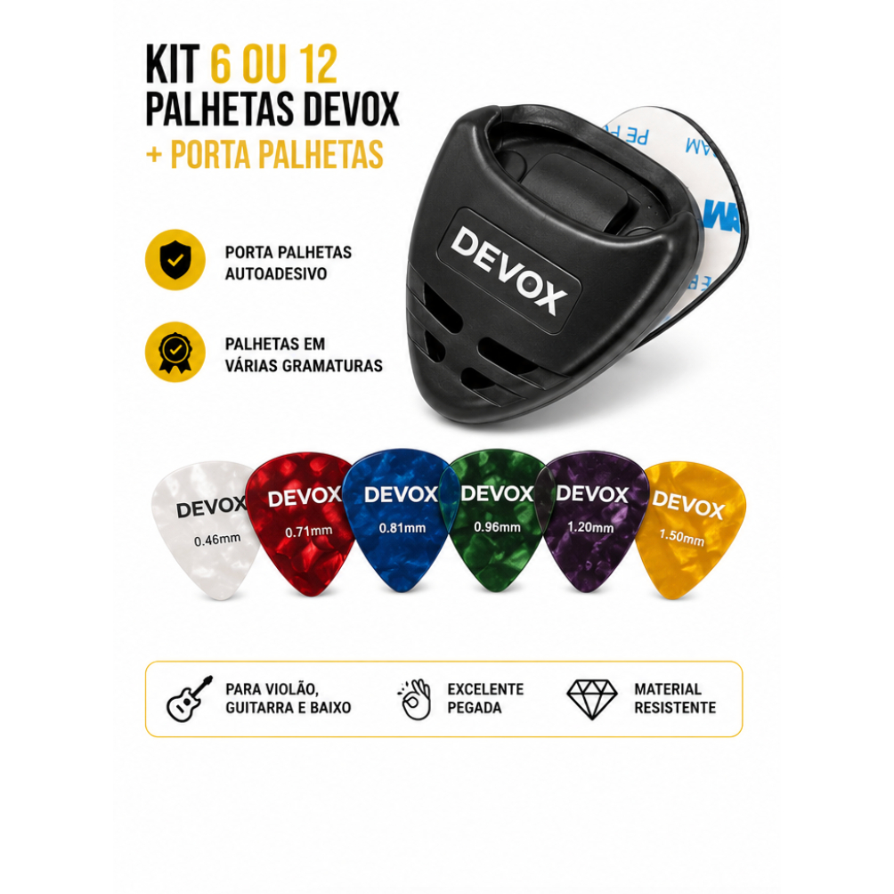 Kit 6 ou 12 Palhetas Devox com Porta Palhetas para Violão e Guitarra Várias Gramaturas