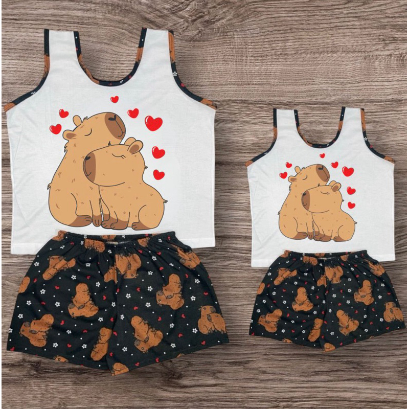 Kit 1 Pijama Mãe + 1 Pijama Filha Regata da Capivara Short Dool Adulto Infantil Tal Mae Tal Filha Baby Dool