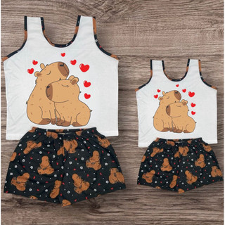 Kit 1 Pijama Mãe + 1 Pijama Filha Regata da Capivara Short Dool Adulto Infantil Tal Mae T…