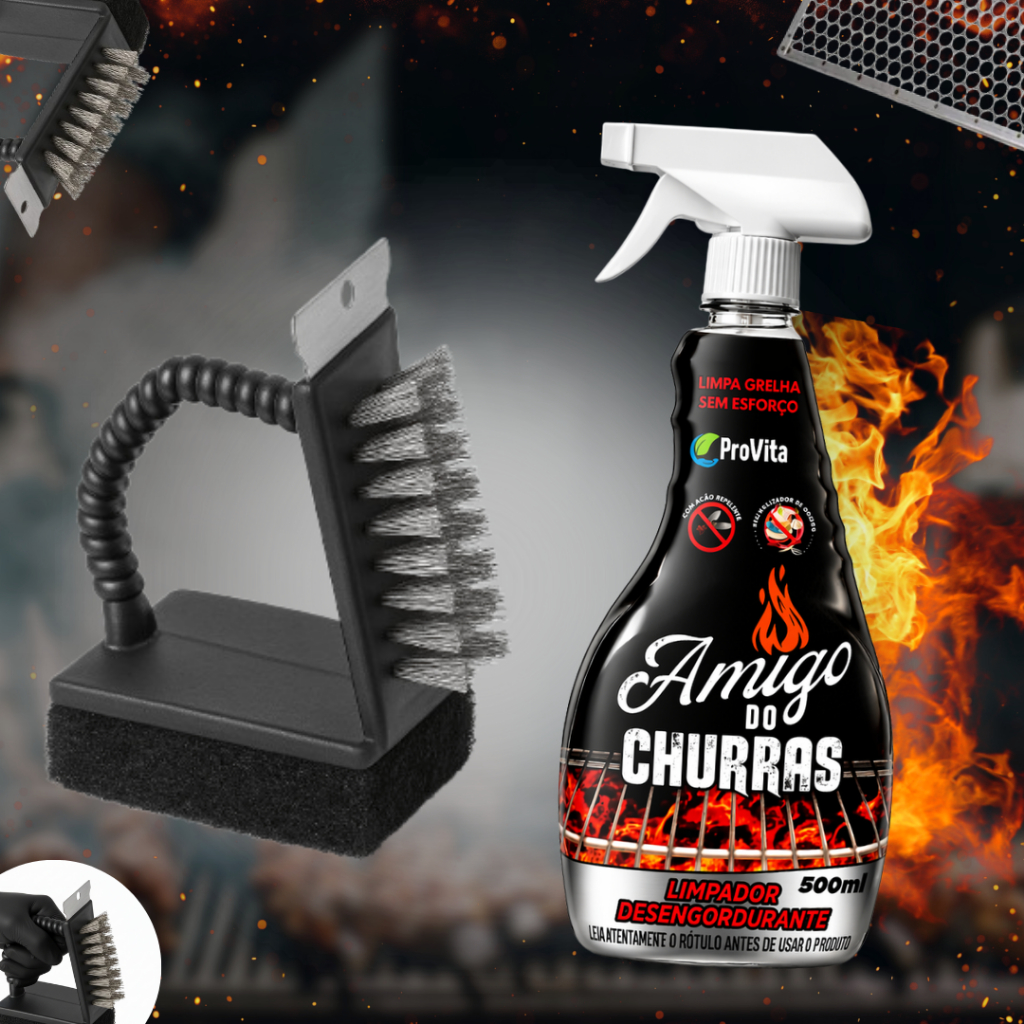 Kit Limpa Grelha + Escova de Aço Com Raspador Remove Gordura Incrustada Limpeza Churrasqueira Grill