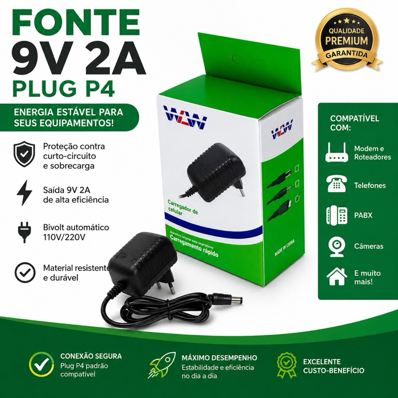 Fonte 9v 2a P4 Plug P4 Real Modem Roteador Telefone Pabx.