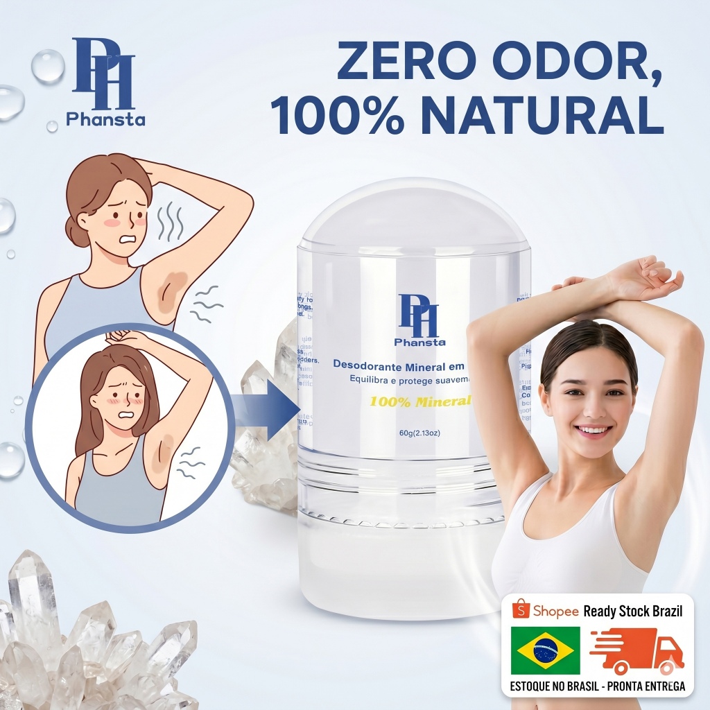 Desodorante Cristal Pedra Natural Antitranspirante Sem Cheiro Unisexo 60g Phansta