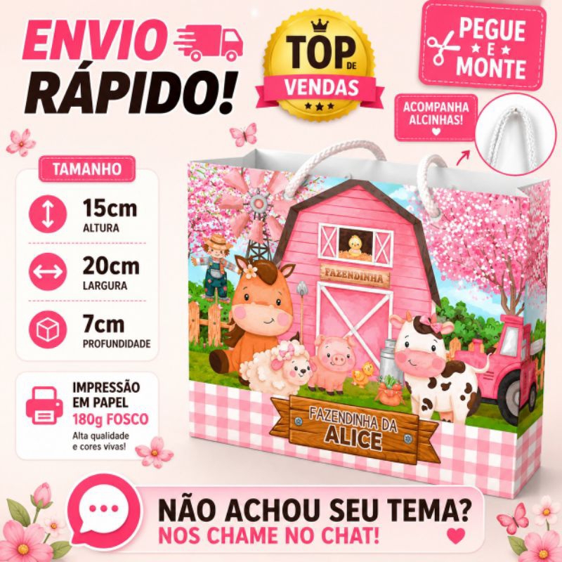 10 | 20 | 30 Sacolinhas Surpresa Lembrancinha Personalizada 15x21cm Fazendinha Rosa - PEGUE E MONTE