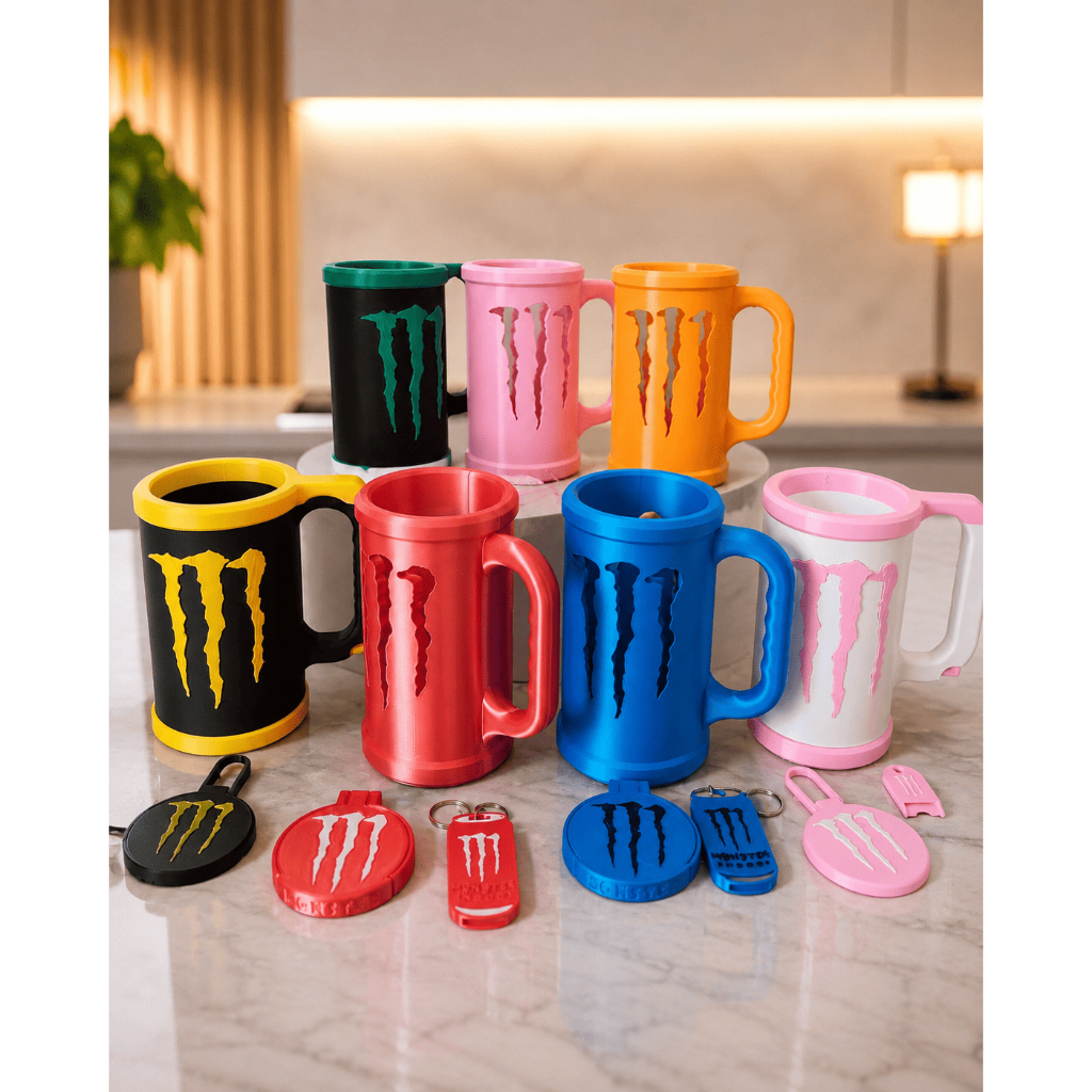 Kit Monster Energy 3D – Suporte para Lata + Abridor + Tampa – Impressão 3D em PLA (PLÁSTICO)