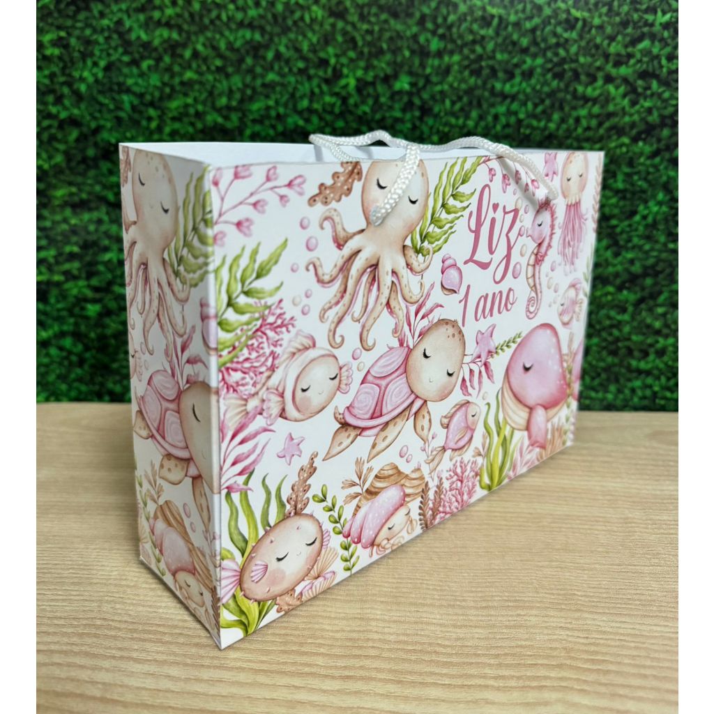 Sacolinha Surpresa G Fundo do Mar Rosa/Aquarelado Personalizada com nome Festa Infantil Chá Aniversário Lembrancinhas