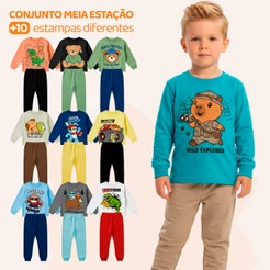 Kit Sortido 6 Peças de Roupas Masculino Infantil Inverno Meia Estação – 3 camisas manga longa + 3 calças de Moletom