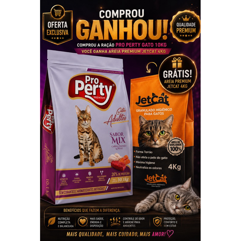Ração Pro Perty Premium Gatos Adultos 10kg + Areia Higiênica JetCat 4kg Grátis | Nutrição Completa e Alta Qualidade