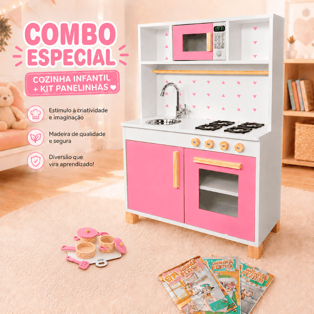 Cozinha Infantil Com Panelinhas Rosa  Brinquedo Madeira Pedagógico Faz de Conta Kit Livro Educativo