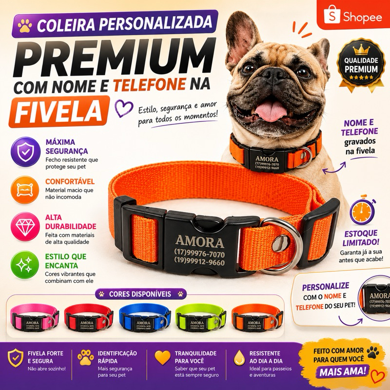 Coleira para Cachorro Personalizada com Nome na Fivela – Sem Plaquinha, Nylon Reforçado Ajustável P M G