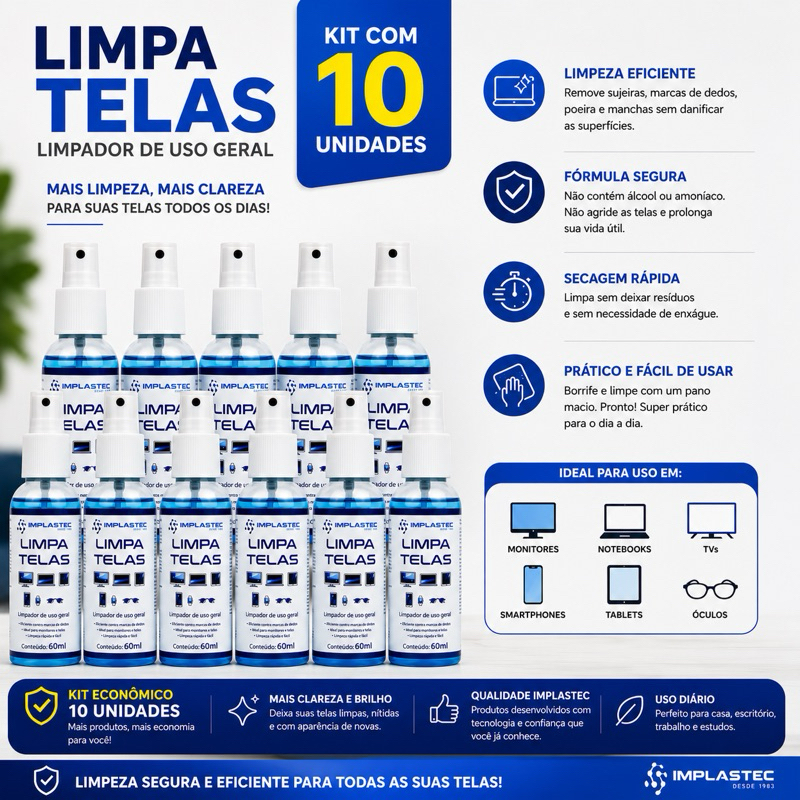 Kit 10 Limpa Telas 60ml Limpeza Eficiente para Celulares, TVs, Lente de Óculos e Notebooks