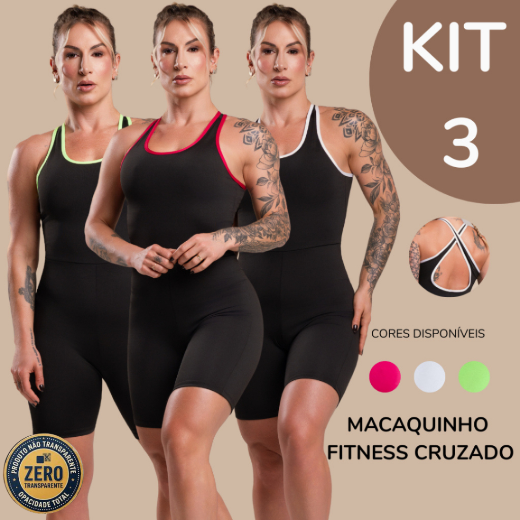 KIT 3 Macaquinho Macacão Academia Fitness Cruzado Detalhe Cor Feminino Academia Corrida Treino DRB Modas