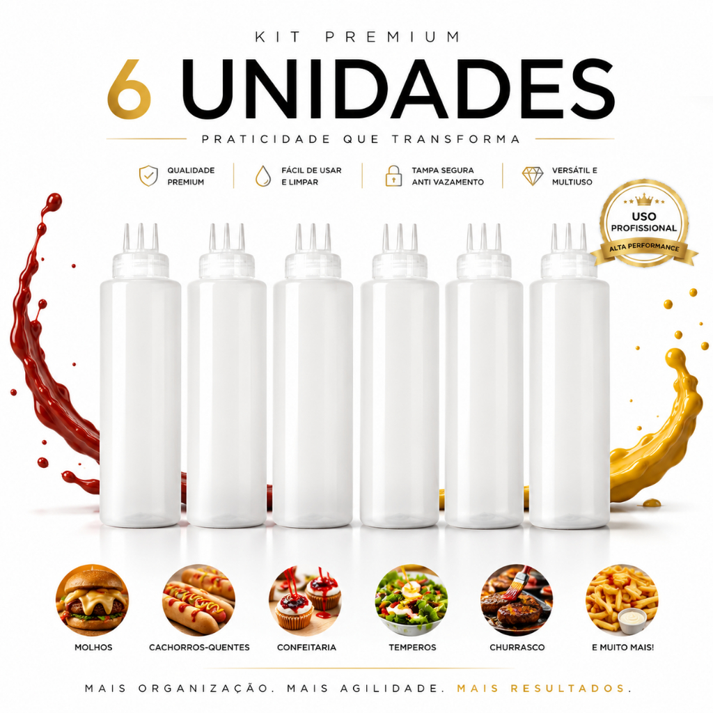 Kit 6 Bisnaga de Bico Triplo 3 Bicos Profissional Buffet 1 Litro  Graduada Confeiteiro Molhos Caldas Ketchup