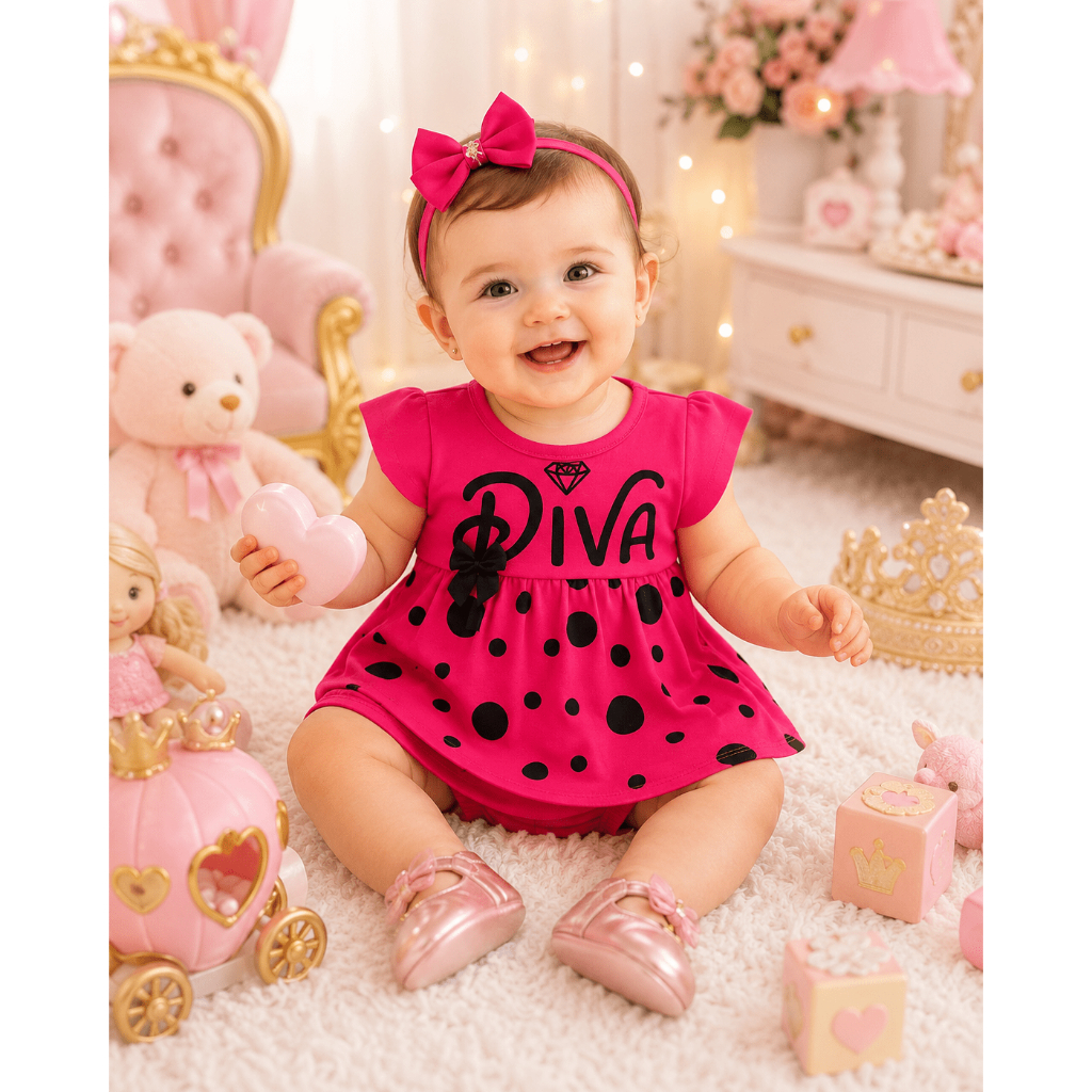 Vestido de Bebê Menina Recém Nascida para Passeio Mêsversário Estiloso Diva Com Calcinha