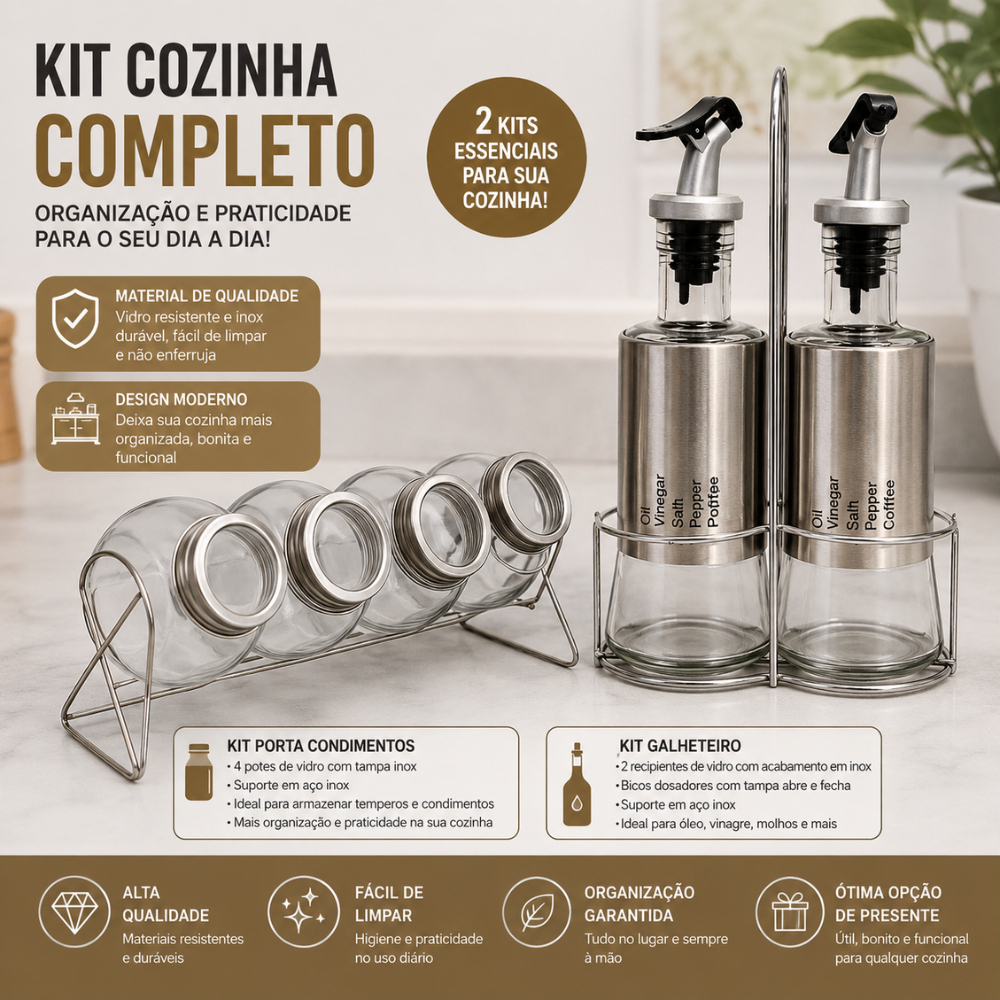 Porta Tempero Condimentos e kit porta zeite vinagre galheteiro c/2 Vidro Inox com Suporte