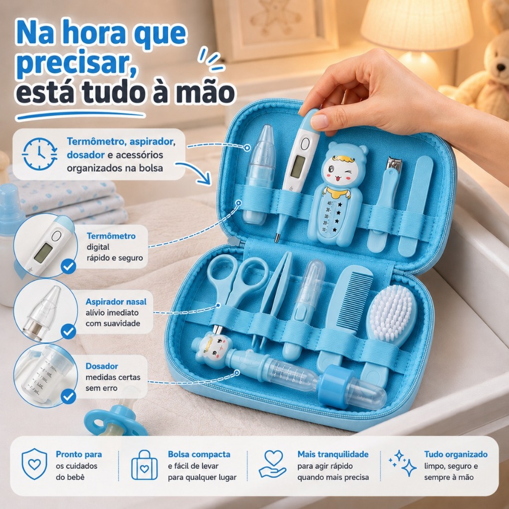 Kit Higiene Infantil Bebê 13 Peças Recém Nascido Bolsa Completo