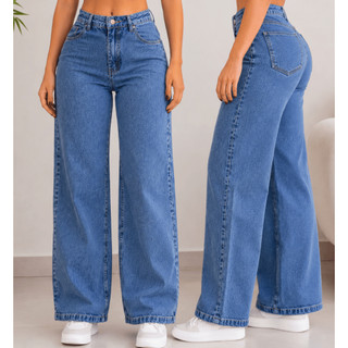 Calça Jeans Wide Leg Feminina Cintura Alta Pantalona Premium Moda Perna Larga Blogueira