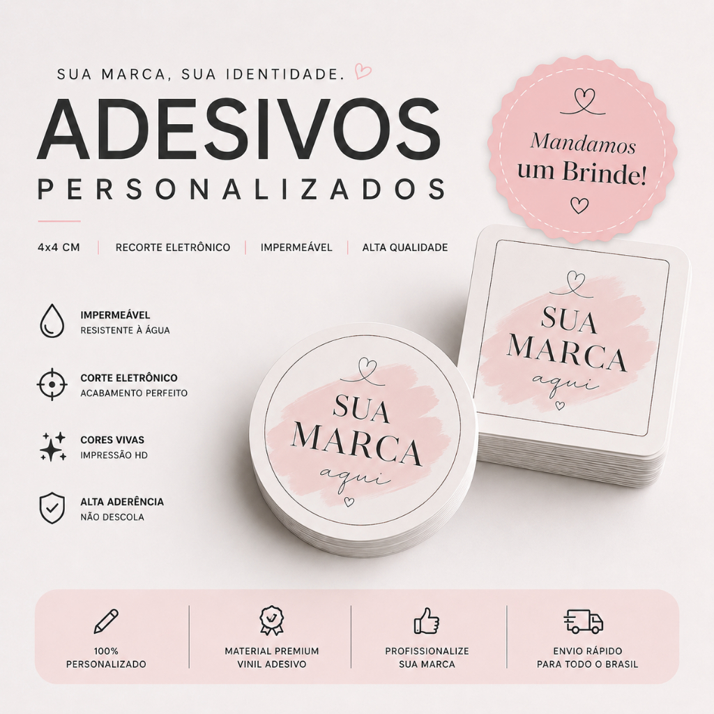 ADESIVO PERSONALIZADO 4x4 CM | RECORTE ELETRÔNICO | IMPERMEÁVEL | LOGO DA SUA MARCA + BRINDE!