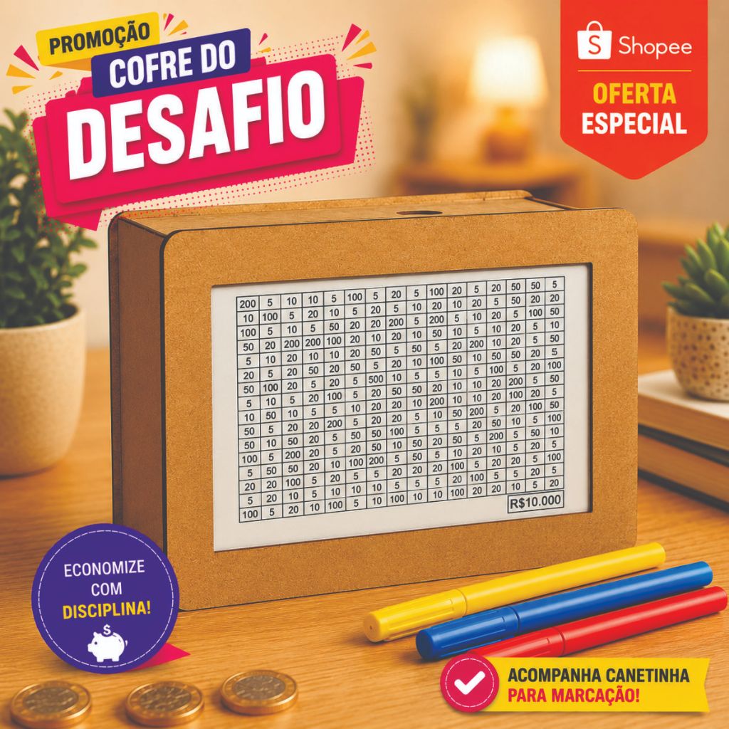 Cofre Desafio 1000 5000 10000 Caixa Dinheiro De Madeira Método Japonês Poupança Mdf