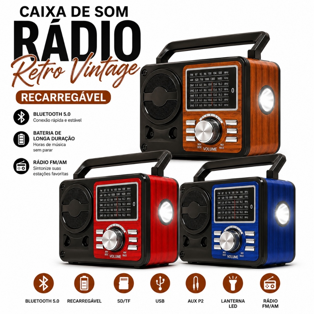 Caixa De Som Radio Retro Vintage Com Pilha Recarregavel Portatil Bluetooth USB FM Lanterna Caxinha