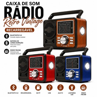 Caixa De Som Radio Retro Vintage Com Pilha Recarregavel Portatil Bluetooth USB FM Lantern…